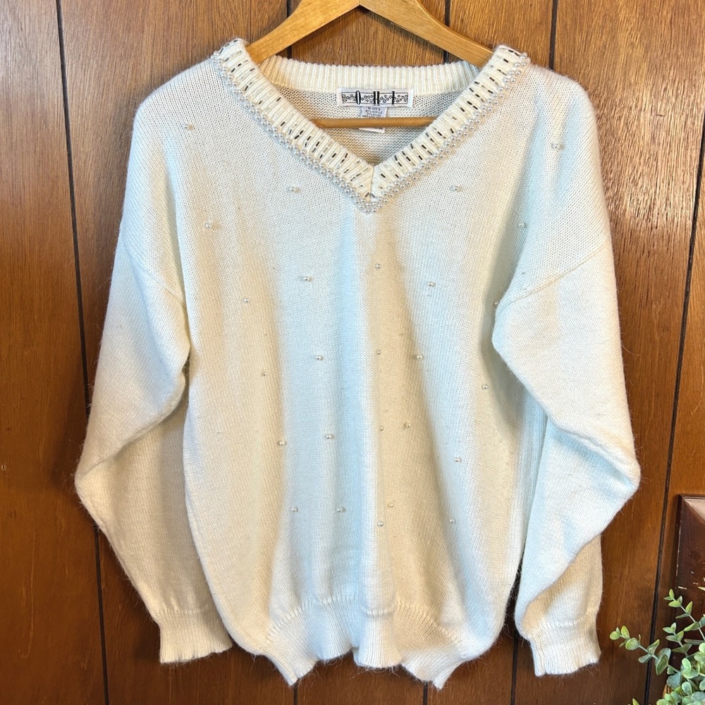 Vintage O H L Beaded V Neck Sweater Ivory Acrylic Blend Womensâ Size Medium